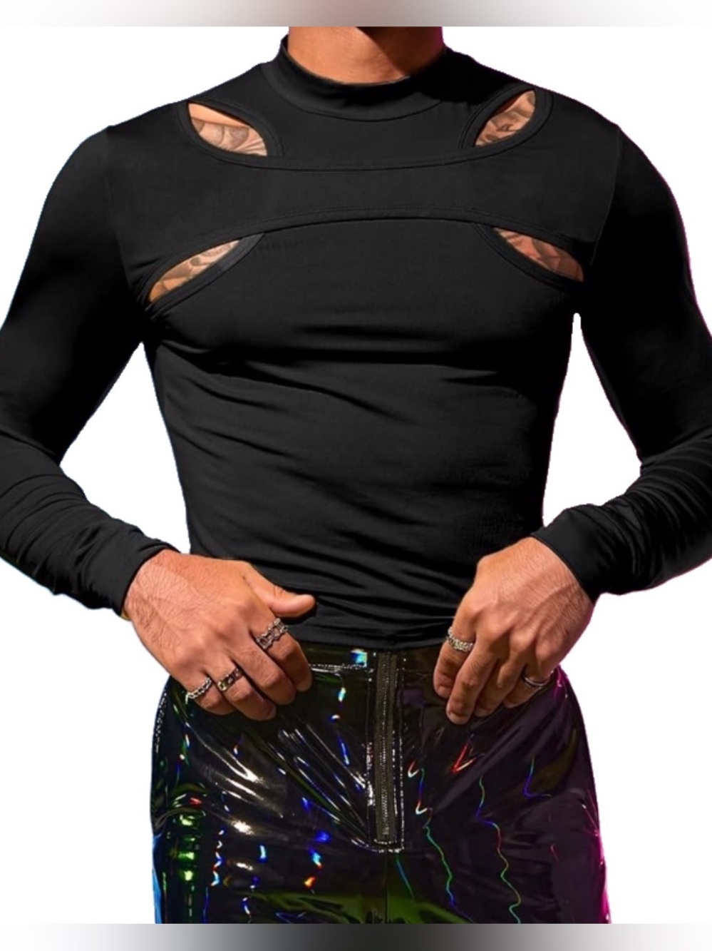 Shein Mens Shirt Top Large Black Muscle Stretch Tight Rave Festival Club Cutouts